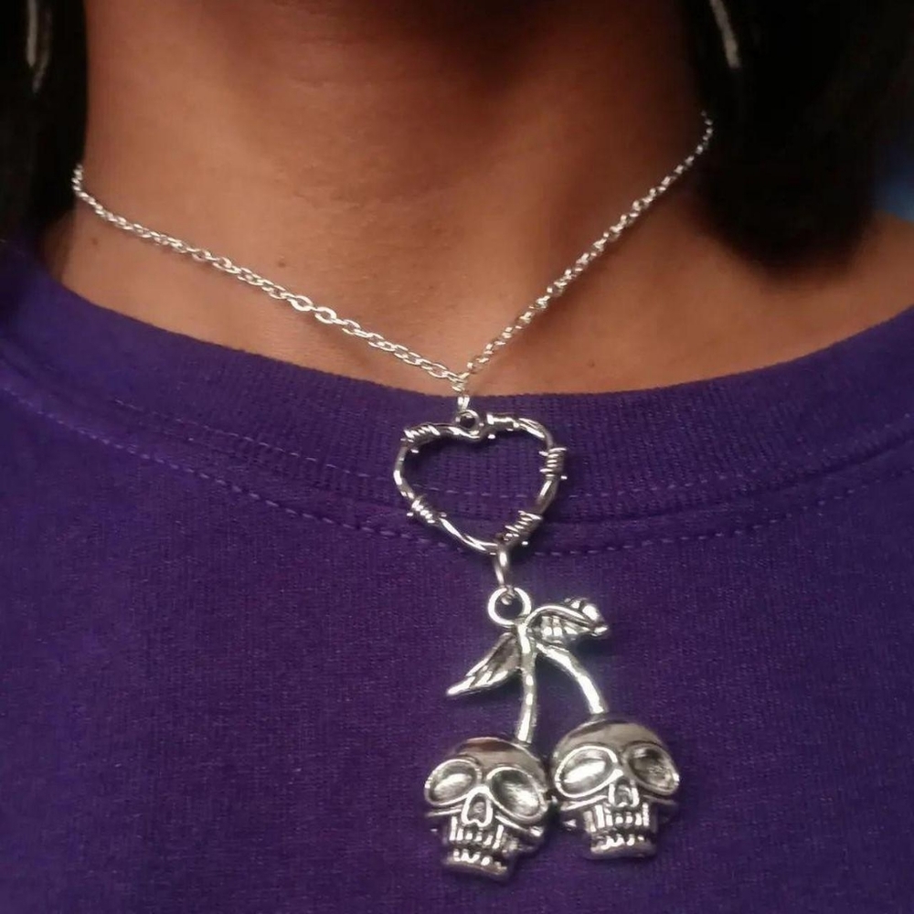 skull cherry barbed wire heart silver necklace